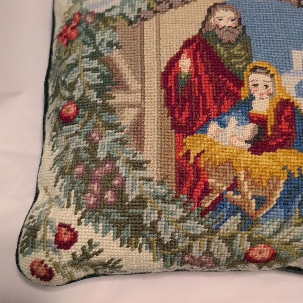 Holiday Nativity Scene Needlepoint Pillow Green Velvet Backing